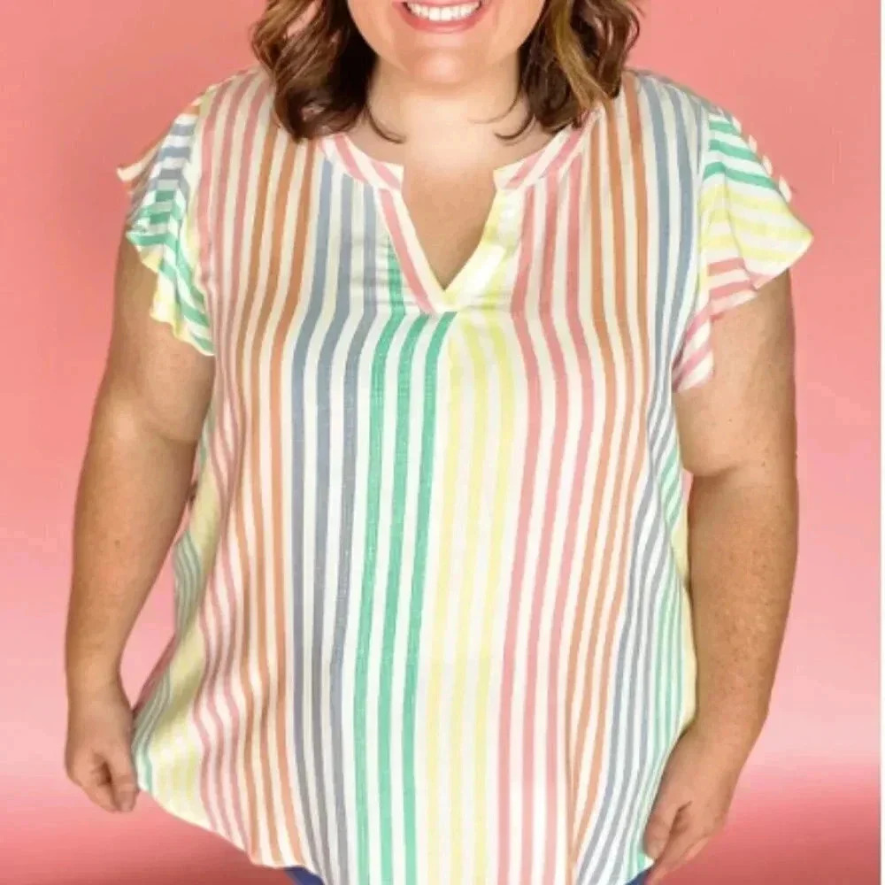 Vertical Stripe Multicolored Ruffle Blouse - Picture 6 of 6